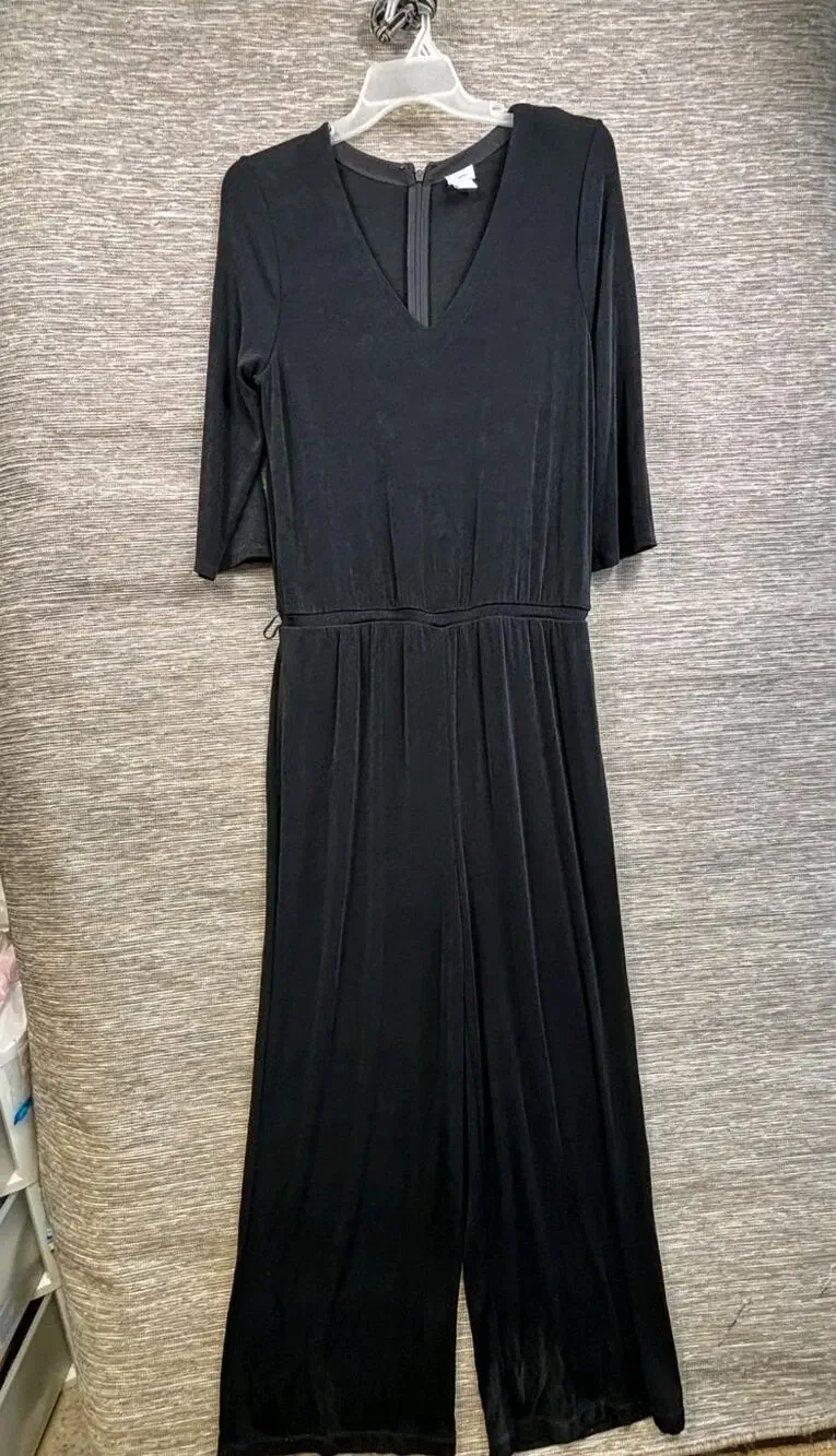 Chico's Travelers Jumpsuit Womens Size 2 US 12-14 Black Velvet V-Neck 3/4 Sleeve